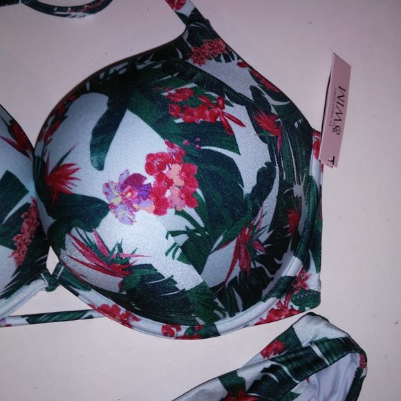 Victoria Secret Swim Bikini 38D Top XL Bottom Blue Green Leaves Bombshell Push U - Picture 8 of 10